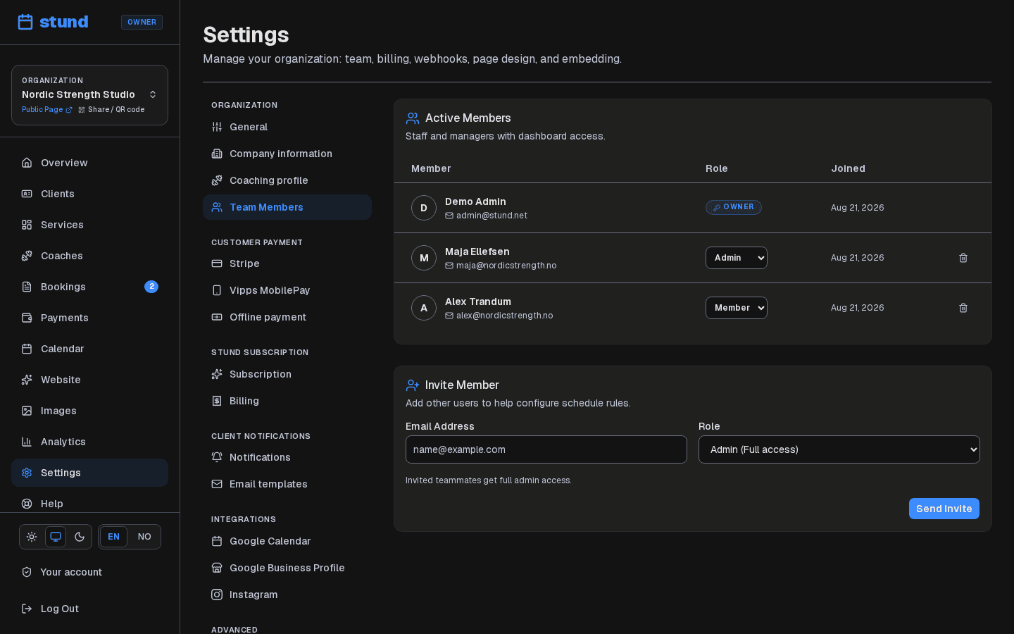 The Team settings page listing members with their roles and an invite form.
