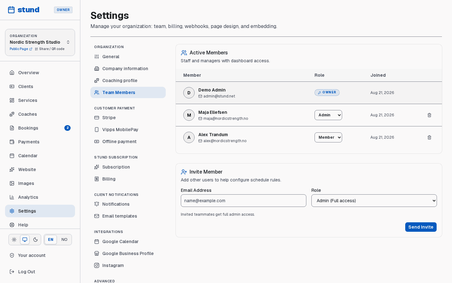 The Team settings page listing members with their roles and an invite form.