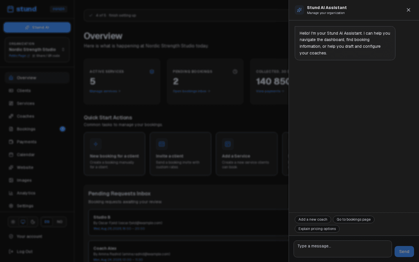The dashboard AI assistant panel open in a side drawer, with a greeting and suggested prompts like "Go to bookings page".
