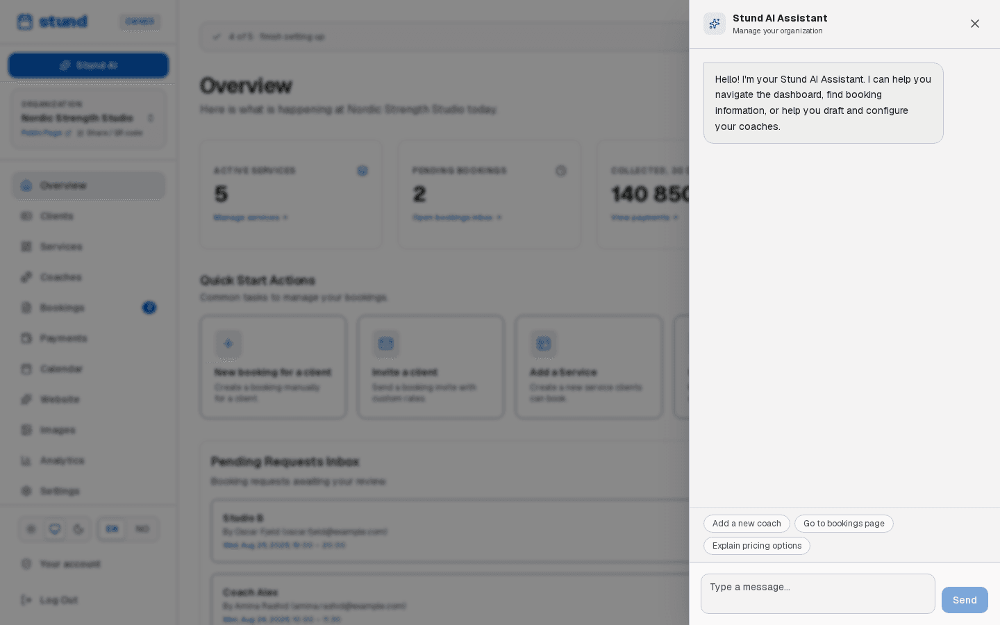 The dashboard AI assistant panel open in a side drawer, with a greeting and suggested prompts like "Go to bookings page".