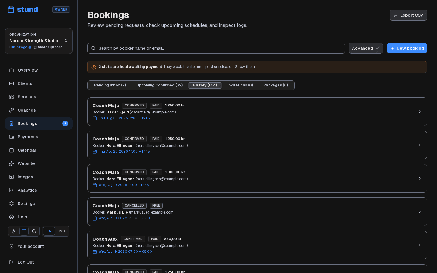 The History tab of the Bookings page, service past bookings with their status and payment badges.