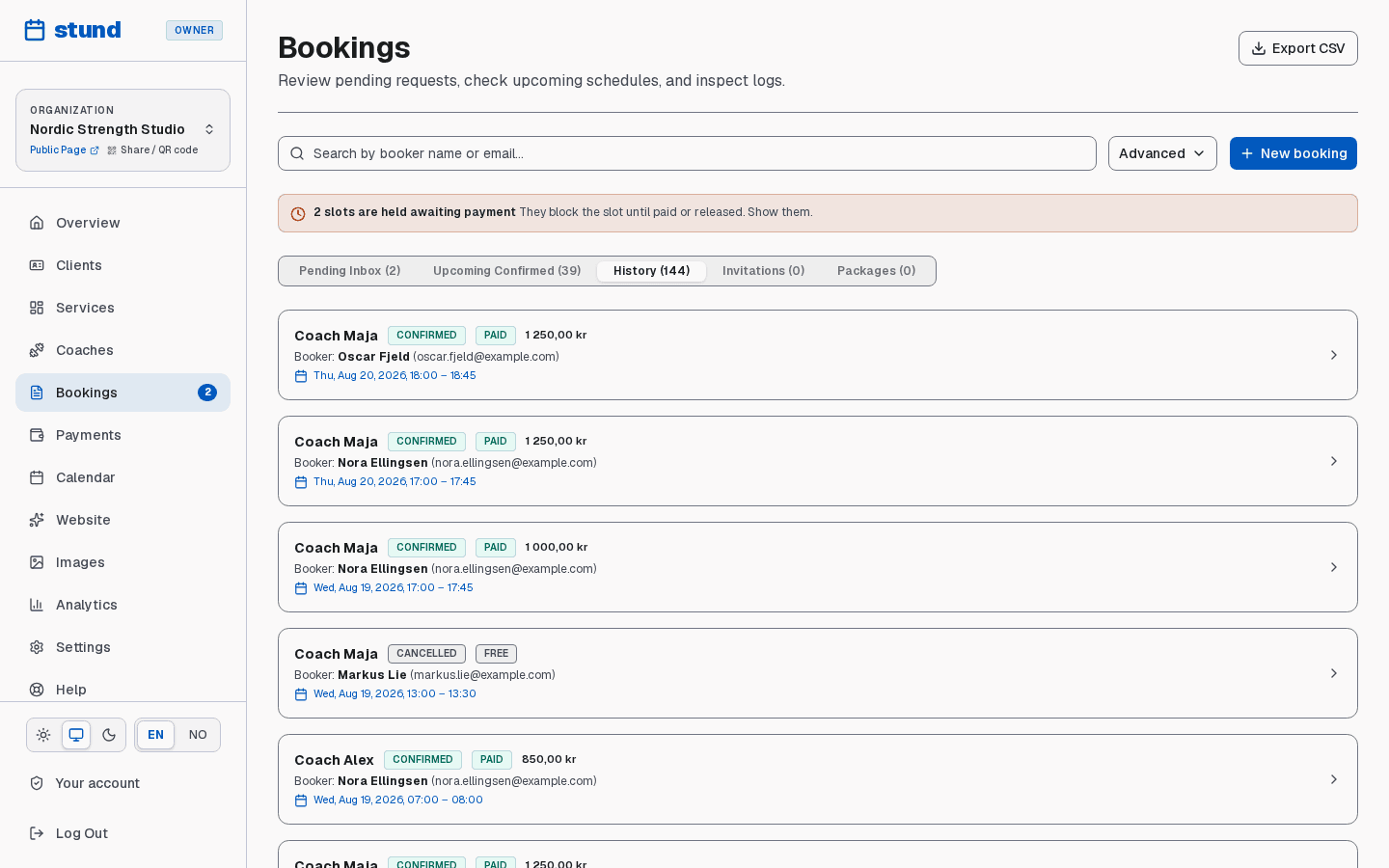 The History tab of the Bookings page, service past bookings with their status and payment badges.