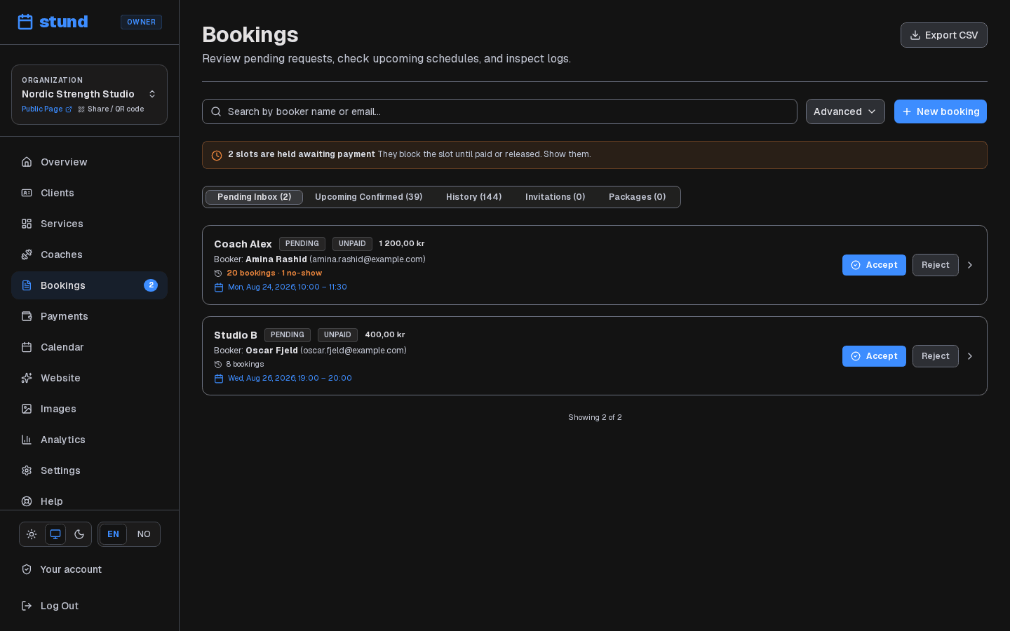 The Bookings page with tabs for pending, upcoming and past bookings, and two requests awaiting approval with Accept and Reject buttons.