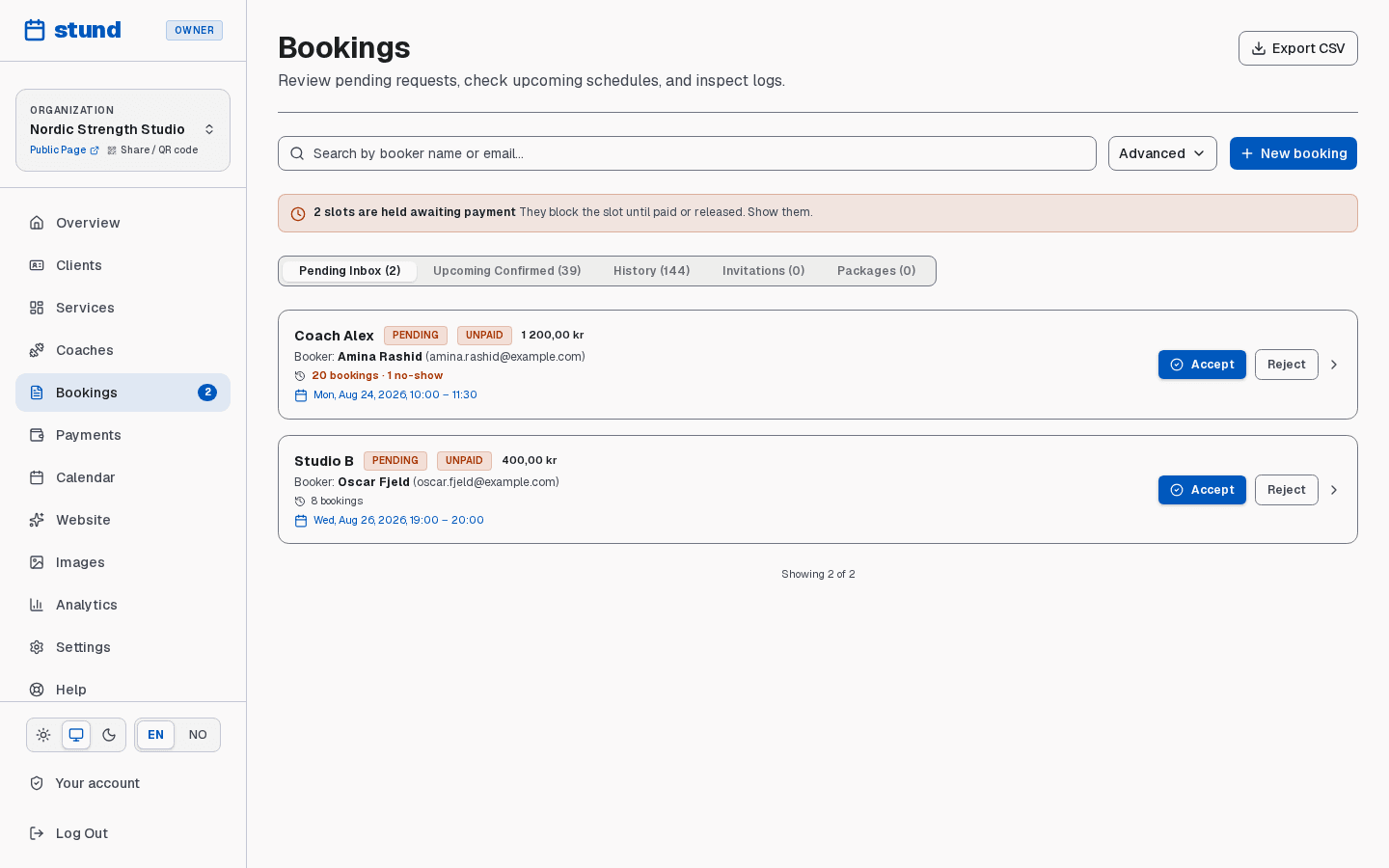 The Bookings page with tabs for pending, upcoming and past bookings, and two requests awaiting approval with Accept and Reject buttons.