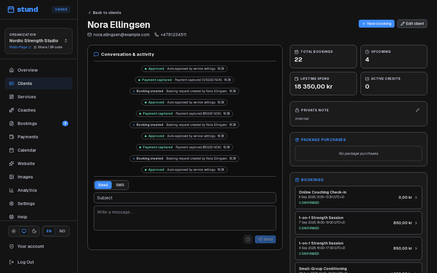 One client's page, showing their contact details, totals, and a list of every booking they have made.
