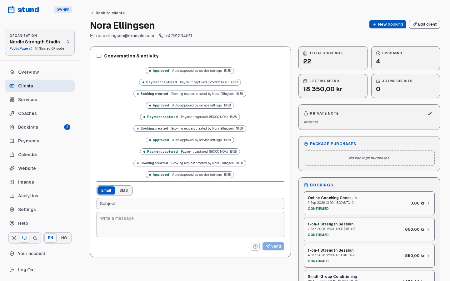 One client's page, showing their contact details, totals, and a list of every booking they have made.
