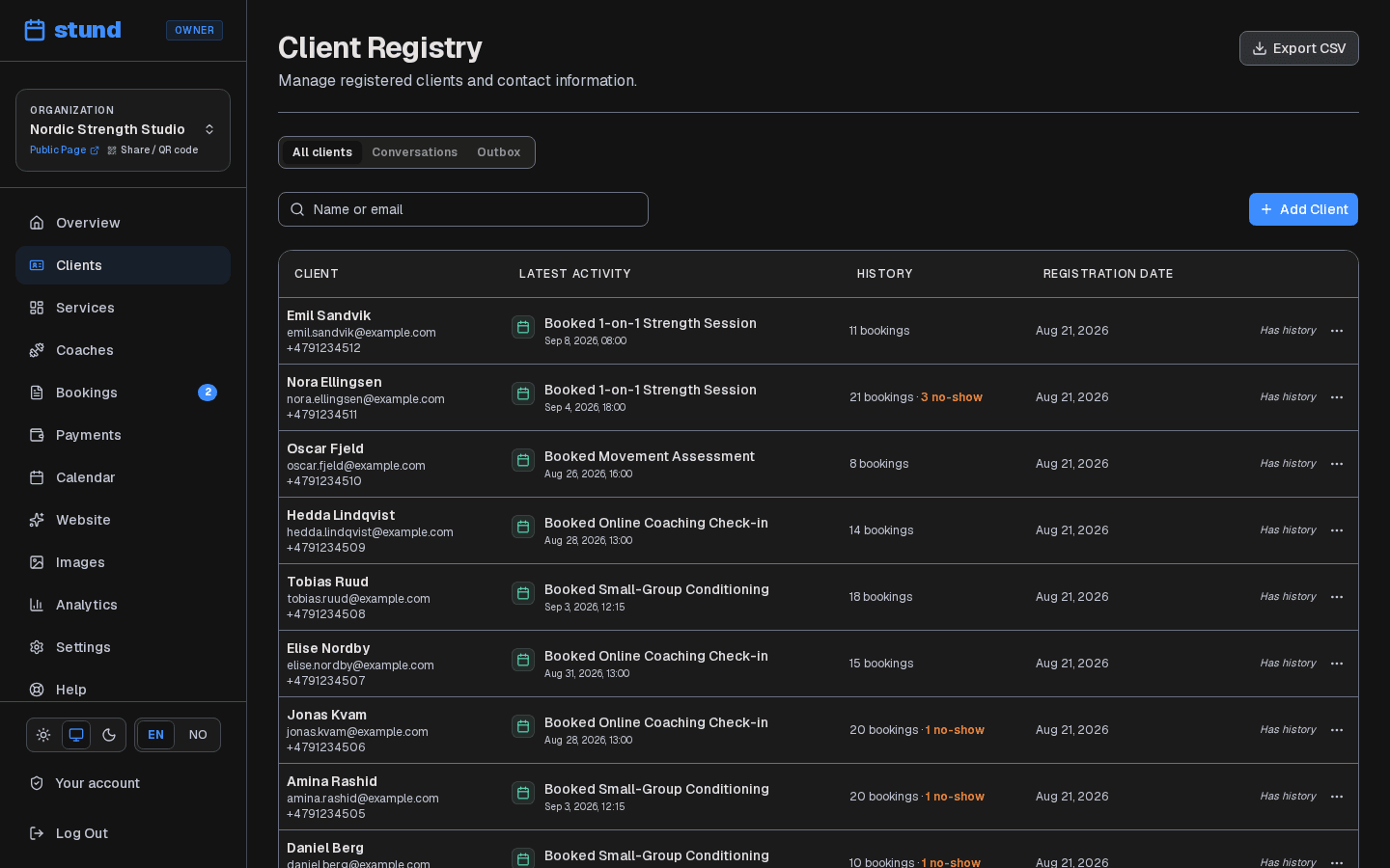 The Clients page listing everyone who has booked, with their contact details and booking counts.