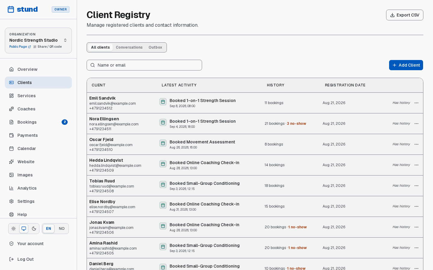 The Clients page listing everyone who has booked, with their contact details and booking counts.