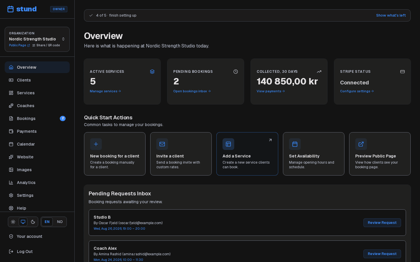 The Stund dashboard Overview page, showing stat cards for services and bookings, pending requests, and the upcoming schedule.