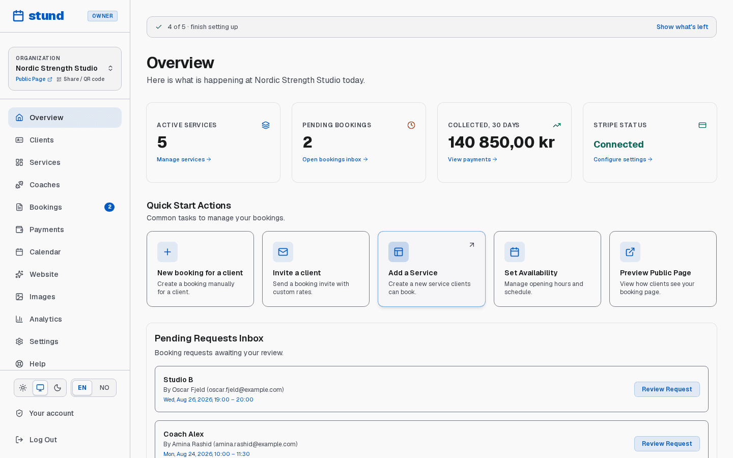 The Stund dashboard Overview page, showing stat cards for services and bookings, pending requests, and the upcoming schedule.