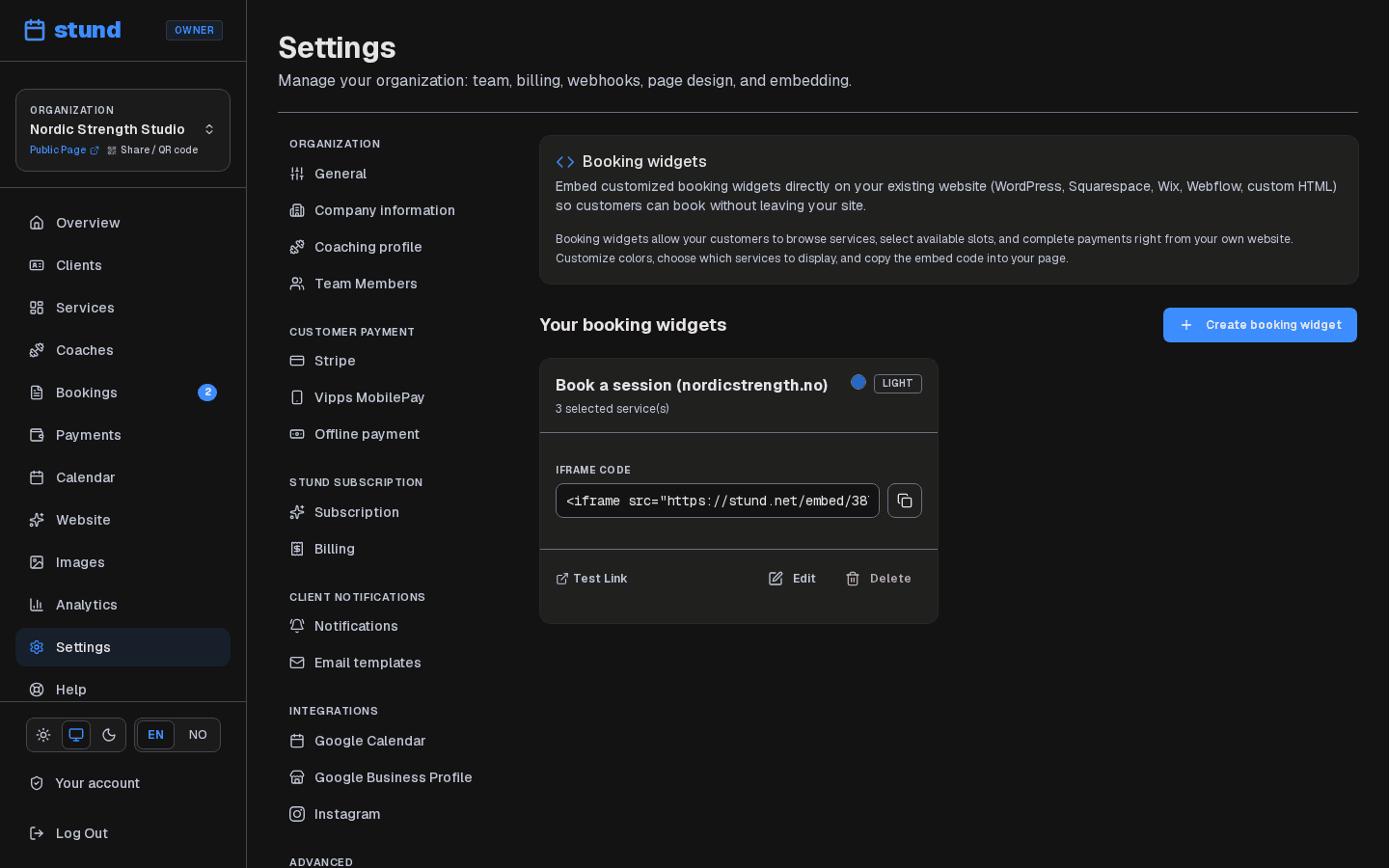 The Embed page showing a configurable booking widget and the snippet of code to paste into a website.