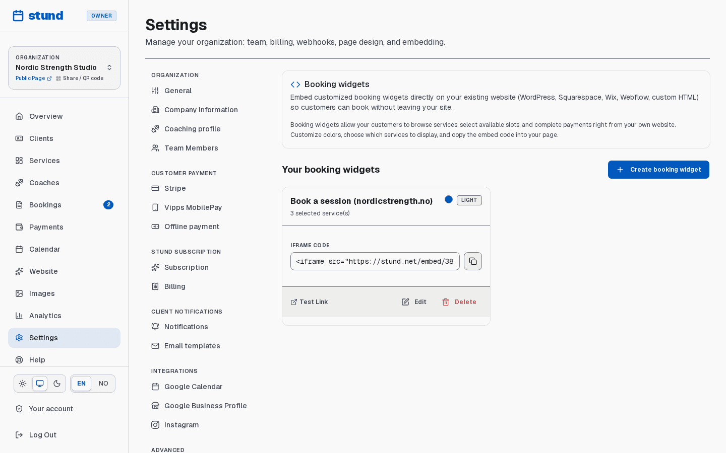 The Embed page showing a configurable booking widget and the snippet of code to paste into a website.
