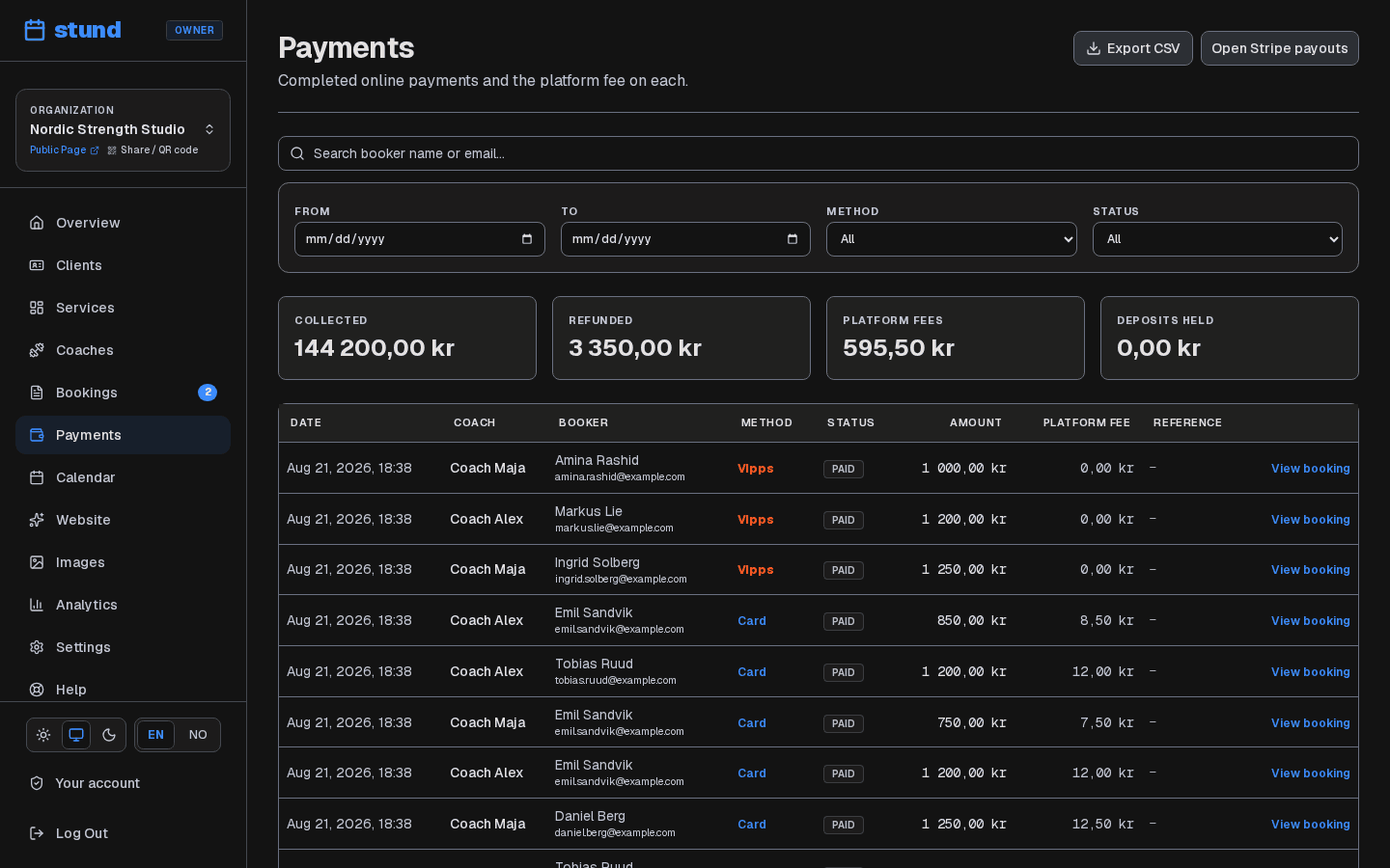 The Payments page with totals collected, platform fees, and a table of individual payments.