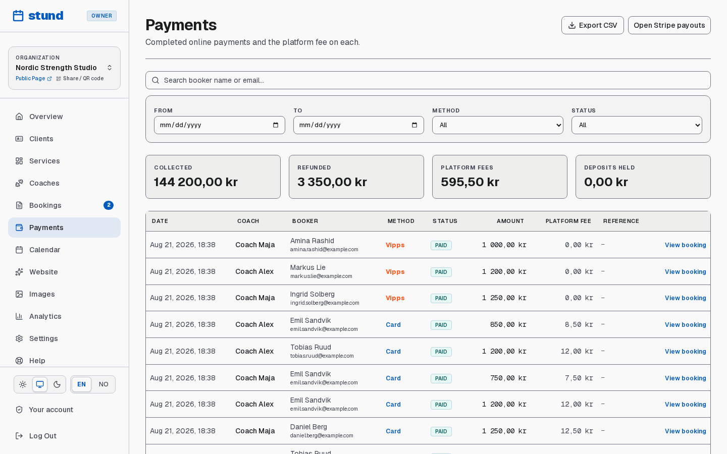 The Payments page with totals collected, platform fees, and a table of individual payments.