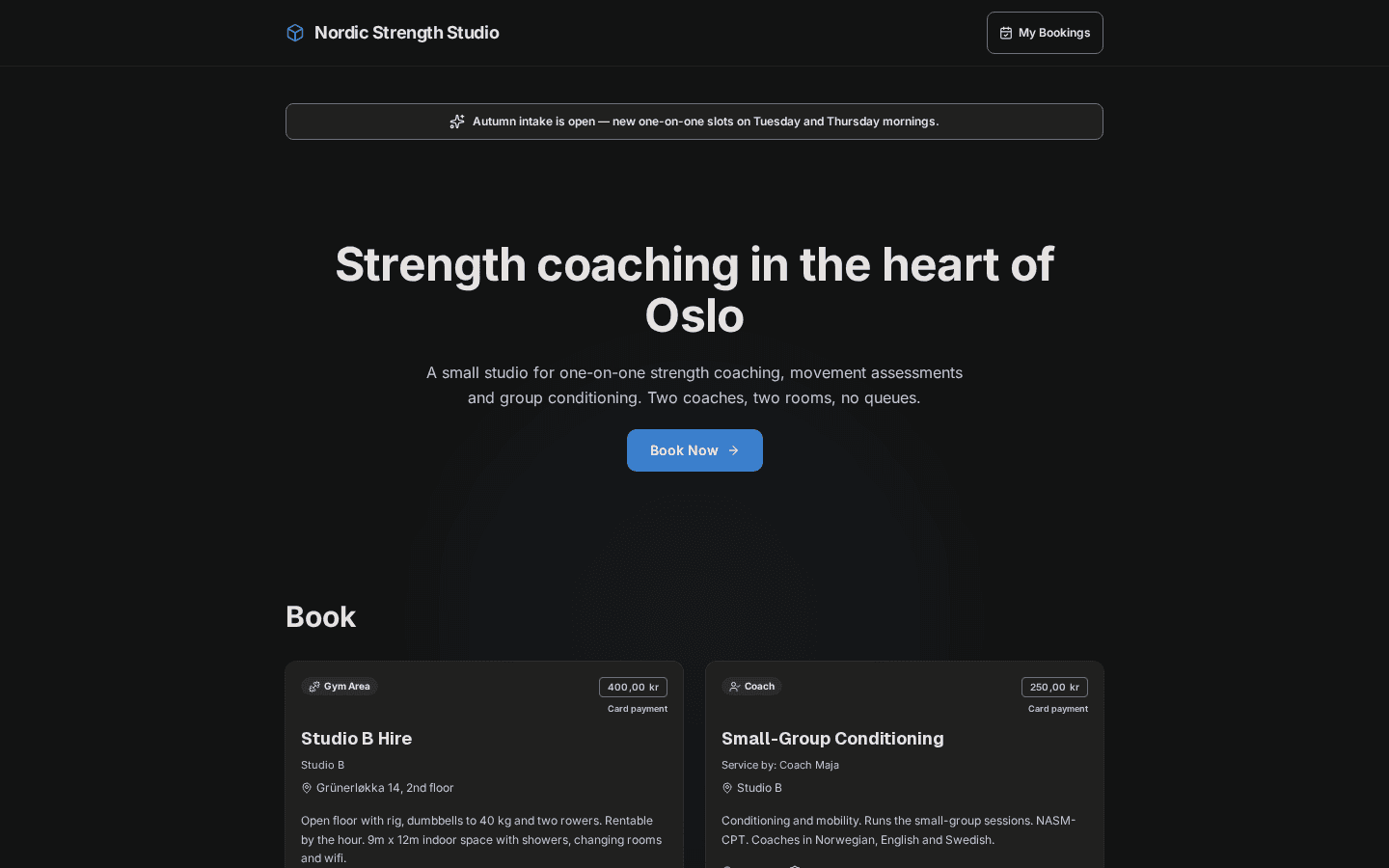 The public booking page for a studio, with a hero headline and a list of bookable sessions.