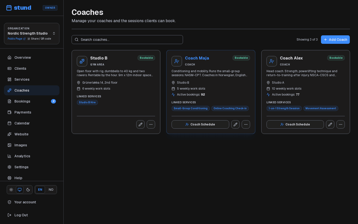 The Coaches page showing three cards — two coaches and a bookable gym area — each with its status, weekly work slots and linked services.