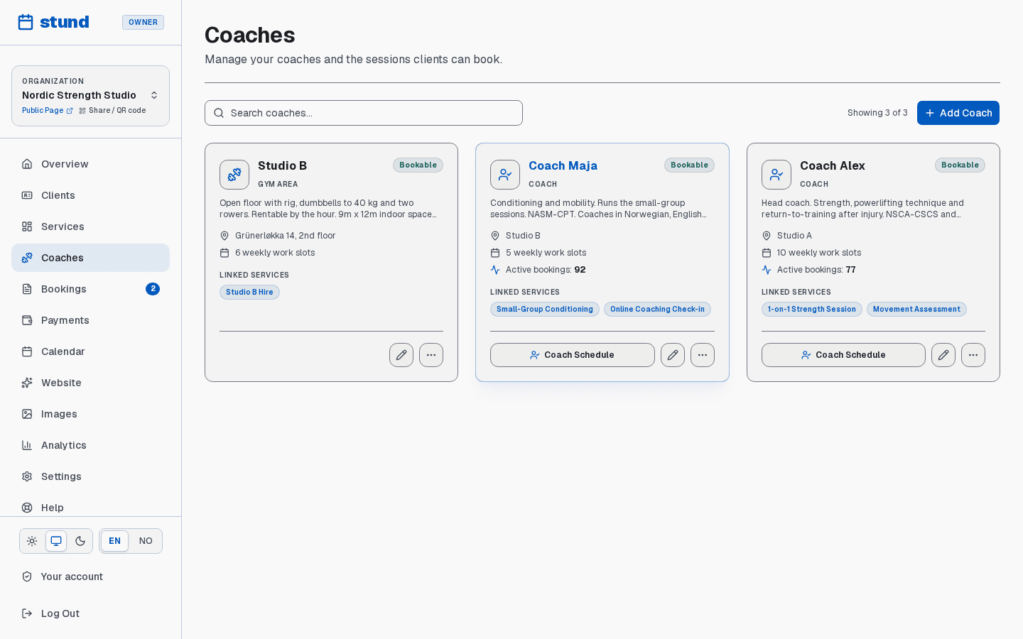 The Coaches page showing three cards — two coaches and a bookable gym area — each with its status, weekly work slots and linked services.