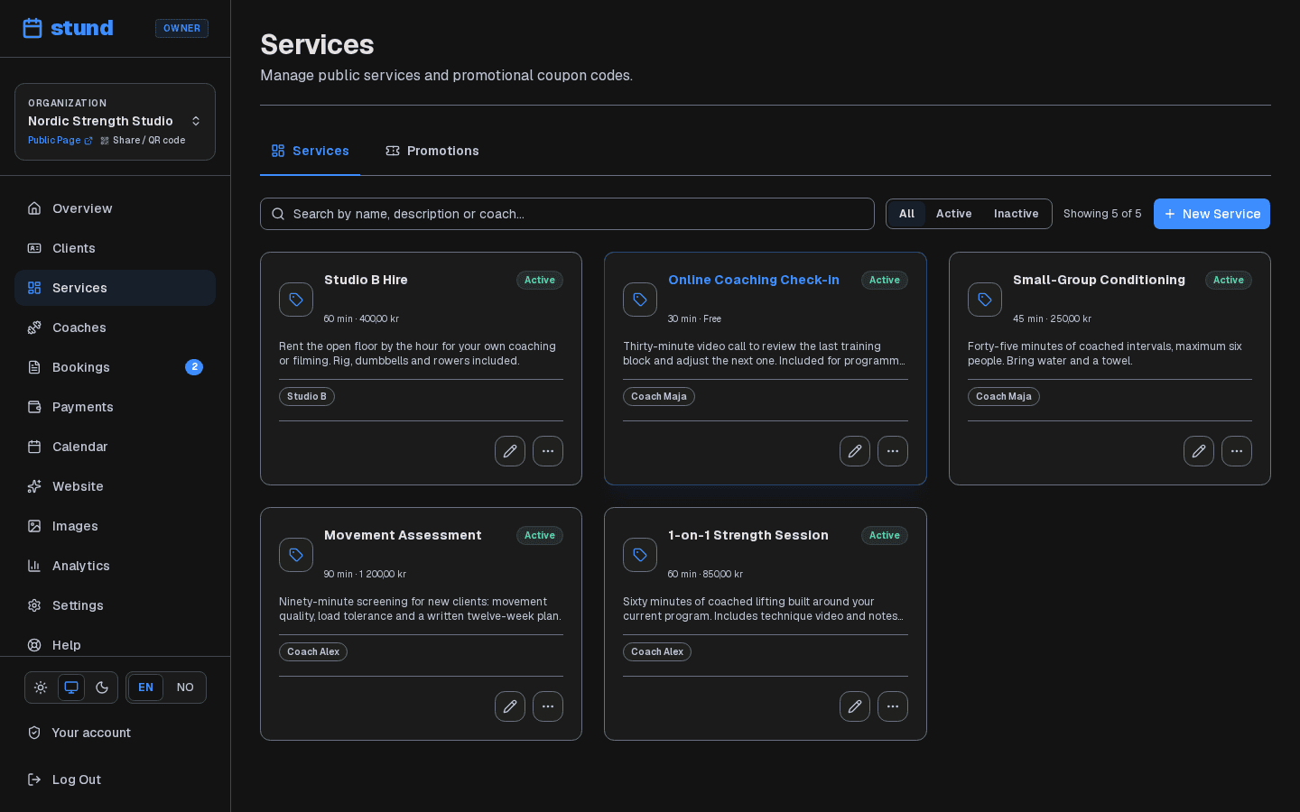 The Services page listing five bookable services with their prices, durations and approval modes.