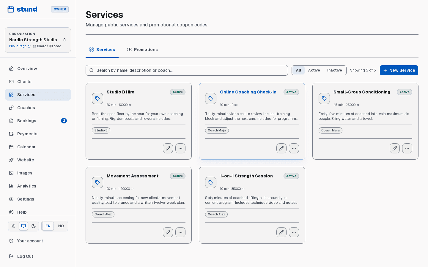 The Services page listing five bookable services with their prices, durations and approval modes.