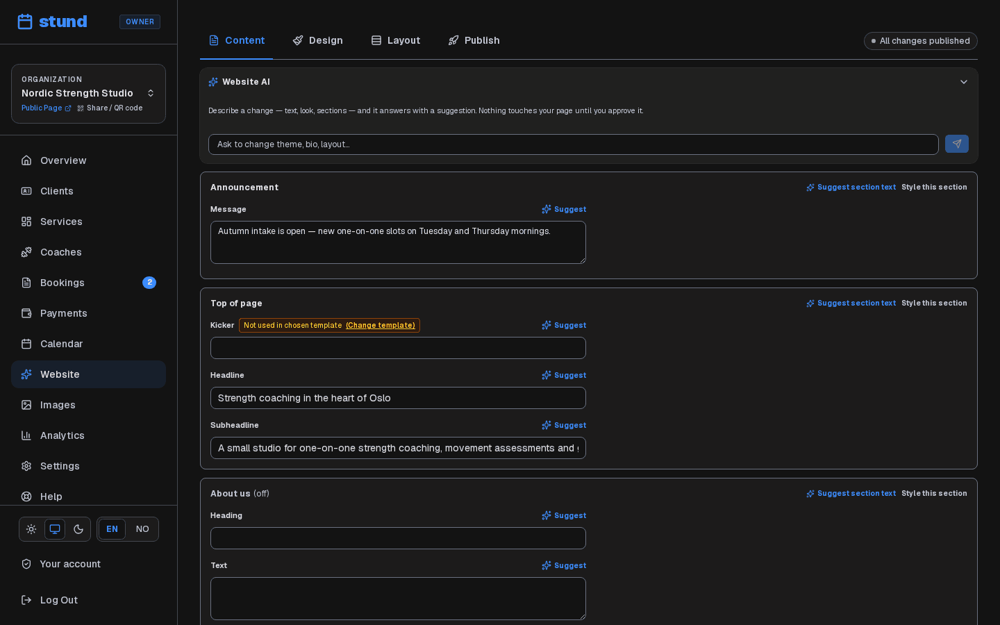 The Website designer, open on the Content tab. Four tabs run across the top — Content, Design, Layout and Publish — with every word on the page listed below in the order it appears, and a live preview reachable from the Design or Layout tab.