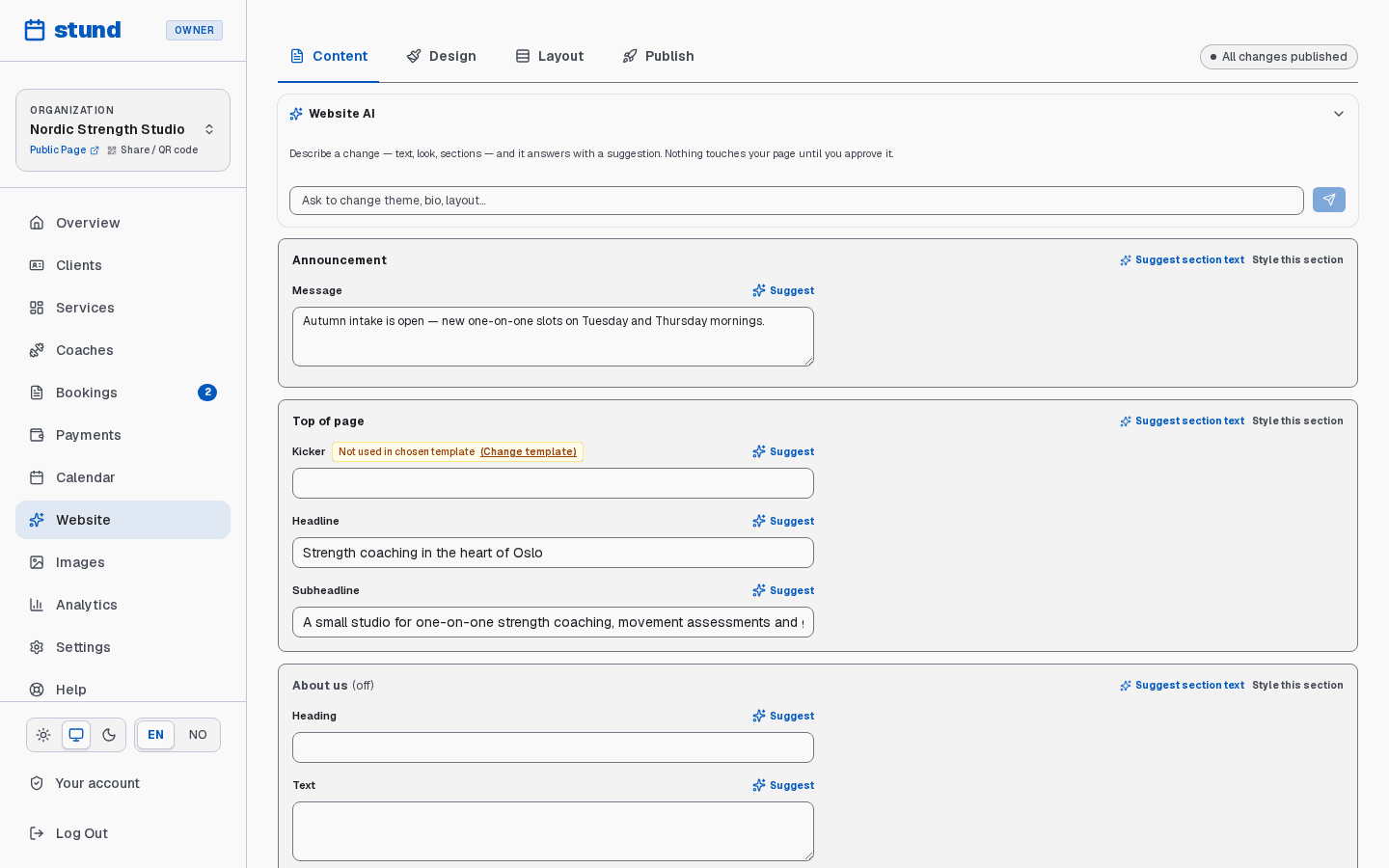 The Website designer, open on the Content tab. Four tabs run across the top — Content, Design, Layout and Publish — with every word on the page listed below in the order it appears, and a live preview reachable from the Design or Layout tab.